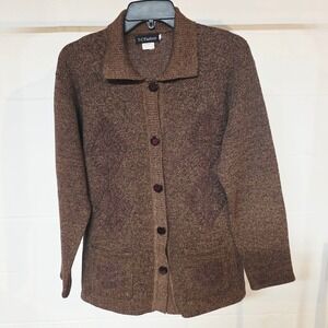 Vintage XL T-C Fashion Brown Marl Knit Cardigan Soutache Embroidered Buttoned